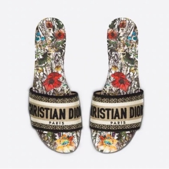 CHRISTIAN DIOR Dway Slide Sandal Cream and black Embroidered Cotton - Picture 2 of 10